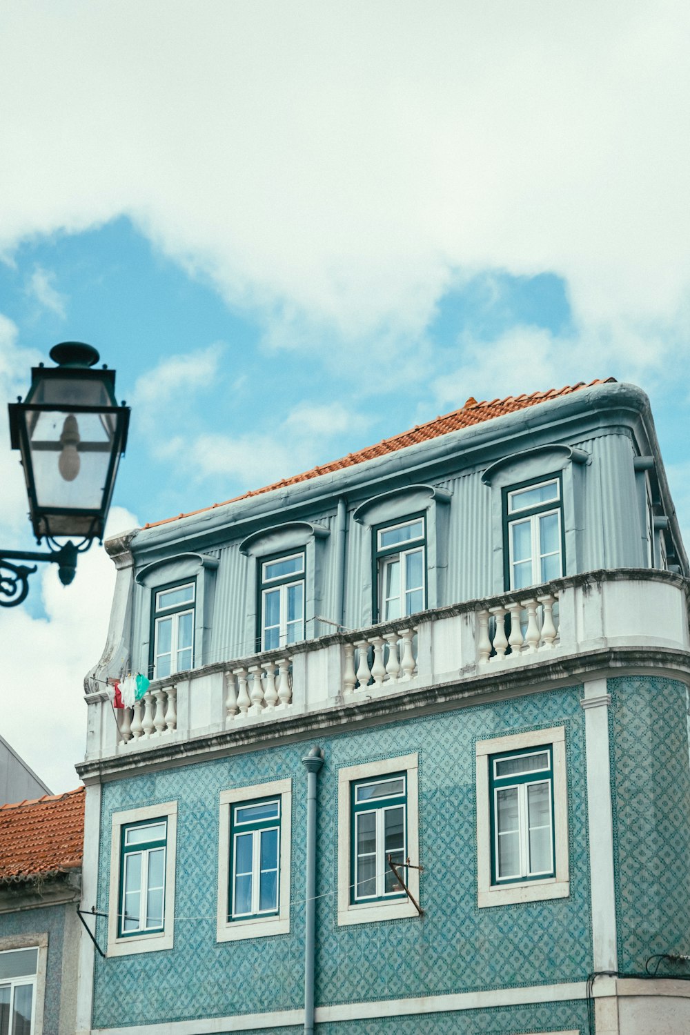 a building with a lamp post