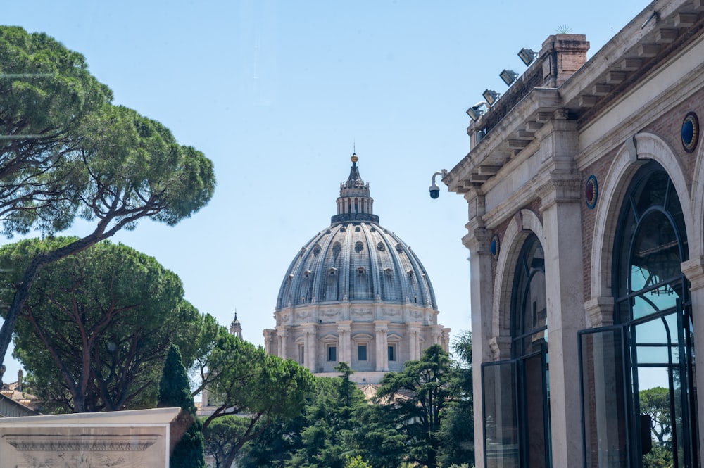 un edificio con una cupola e alberi di fronte ad esso