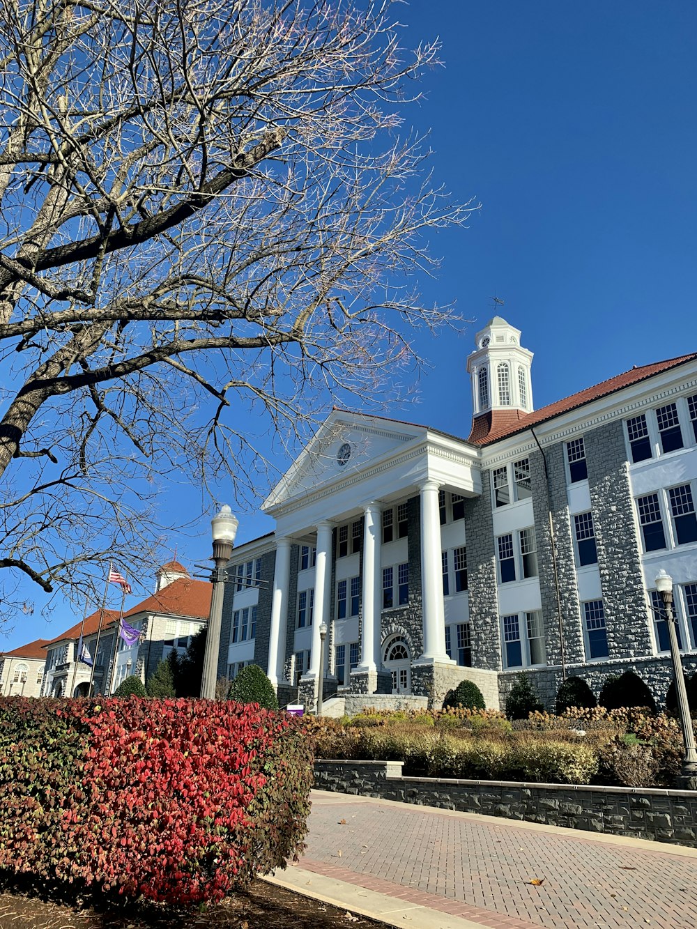 a large white building with columns and a tree in front of it