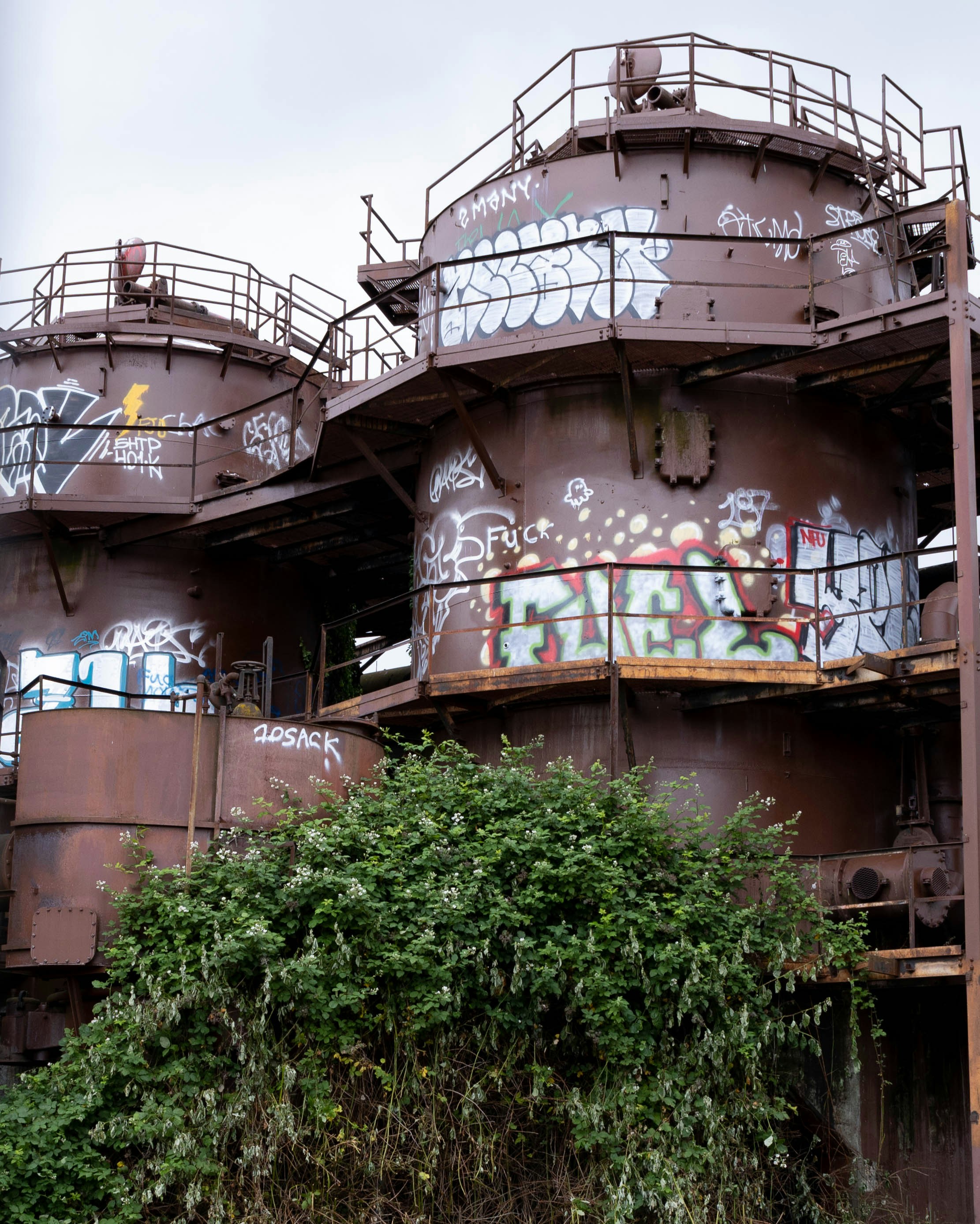 a large building with graffiti