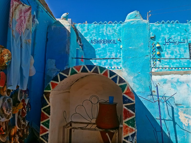 Colorful painted Nubian house with traditional geometric patterns near Aswan