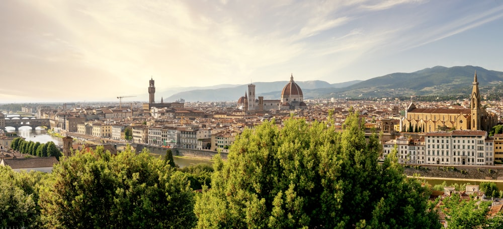 a city with trees and mountains in the background