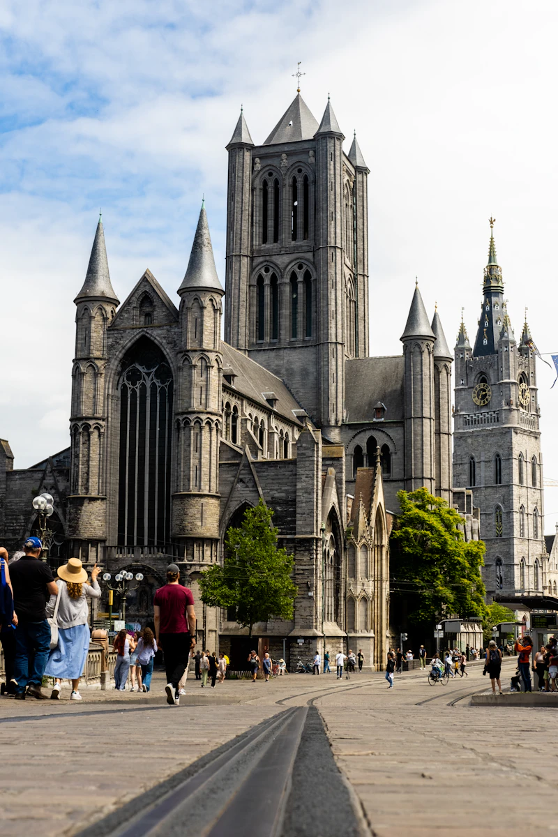 Historic stone towers and waterfront in Ghent, Belgium