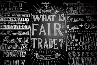 A blackboard with various words and phrases related to fair trade, written in decorative fonts. The central question 'What is Fair Trade?' is prominently featured, surrounded by other concepts like 'support safe working conditions' and 'develop transparent relationships.'