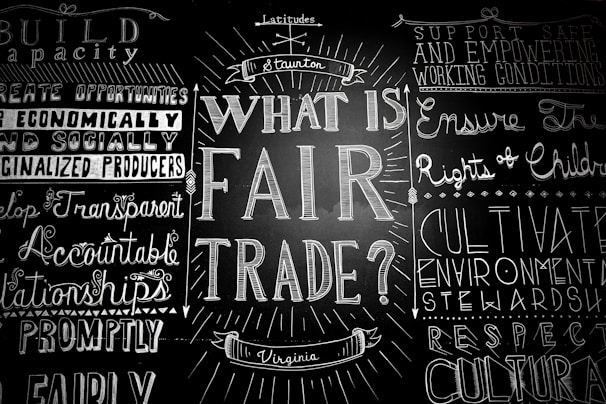 A blackboard with various words and phrases related to fair trade, written in decorative fonts. The central question 'What is Fair Trade?' is prominently featured, surrounded by other concepts like 'support safe working conditions' and 'develop transparent relationships.'