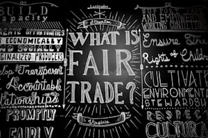 A blackboard with various words and phrases related to fair trade, written in decorative fonts. The central question 'What is Fair Trade?' is prominently featured, surrounded by other concepts like 'support safe working conditions' and 'develop transparent relationships.'