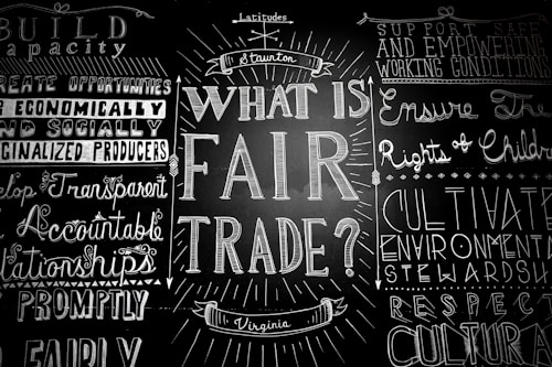 A blackboard with various words and phrases related to fair trade, written in decorative fonts. The central question 'What is Fair Trade?' is prominently featured, surrounded by other concepts like 'support safe working conditions' and 'develop transparent relationships.'