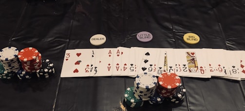 A poker game setup is displayed, featuring stacks of colorful poker chips including red, green, black, and white. Playing cards are laid out in a row, revealing various suits and numbers. Three distinct dealer buttons labeled 'DEALER', 'LITTLE BLIND', and 'BIG BLIND' are positioned above the card lineup.