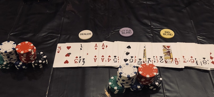 A poker game setup is displayed, featuring stacks of colorful poker chips including red, green, black, and white. Playing cards are laid out in a row, revealing various suits and numbers. Three distinct dealer buttons labeled 'DEALER', 'LITTLE BLIND', and 'BIG BLIND' are positioned above the card lineup.