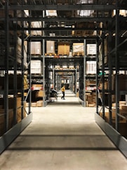 Long aisles filled with metal shelves holding boxes and packages in a warehouse setting. A person in a yellow shirt is pushing a cart down the aisle, with rows of organized shelves extending into the background.