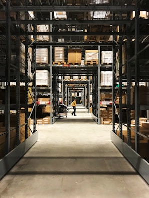 Long aisles filled with metal shelves holding boxes and packages in a warehouse setting. A person in a yellow shirt is pushing a cart down the aisle, with rows of organized shelves extending into the background.