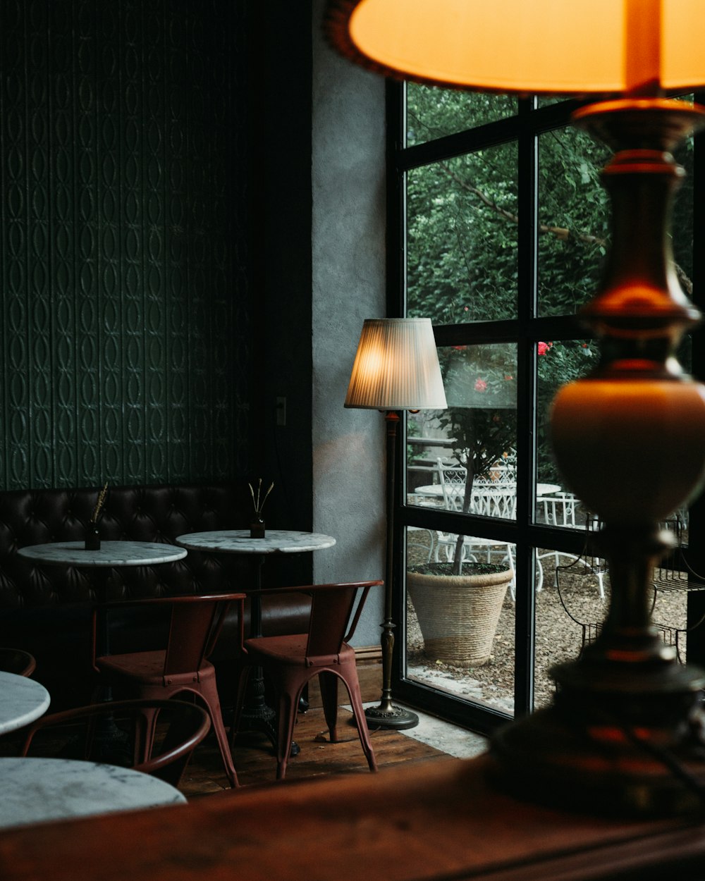 a room with a table and chairs