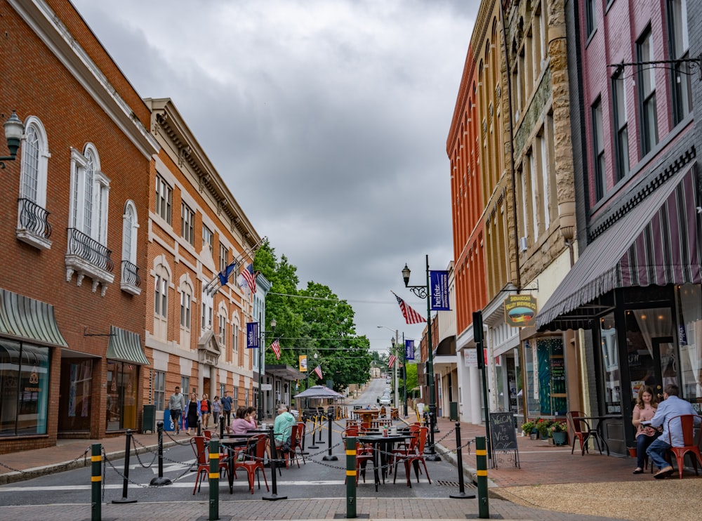 a street with buildings and people