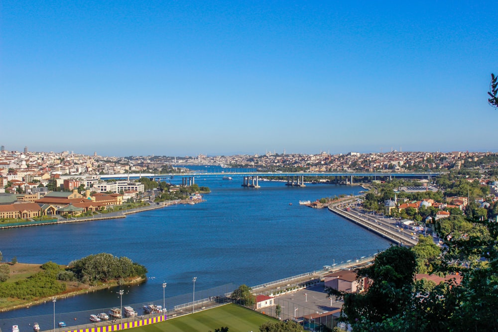 a body of water with a bridge and buildings along it