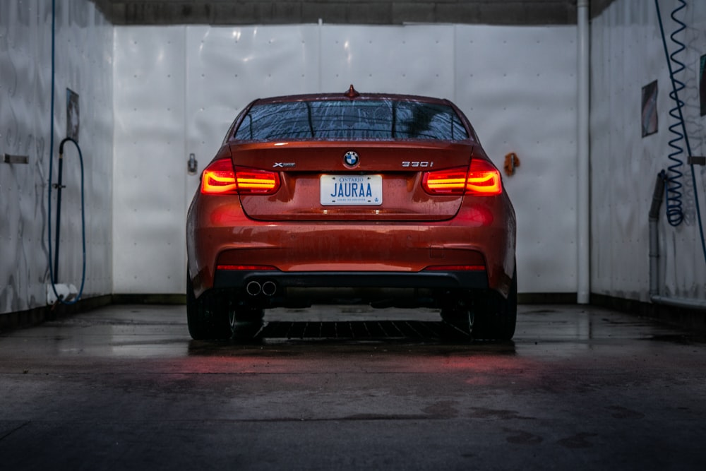 a red car in a garage