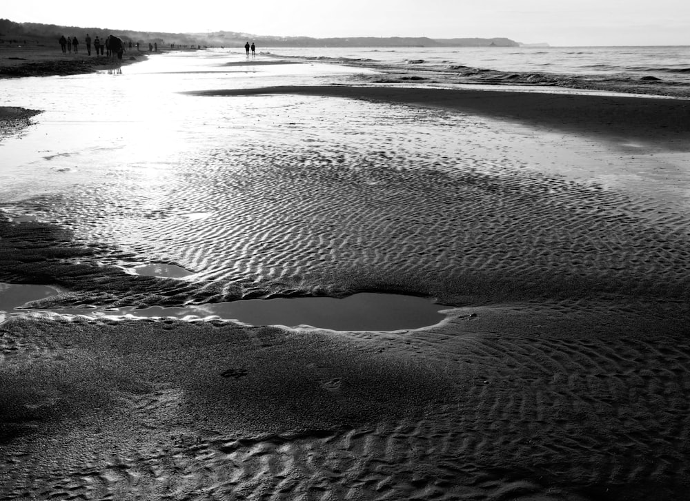 a black and white photo of a beach with a body of water