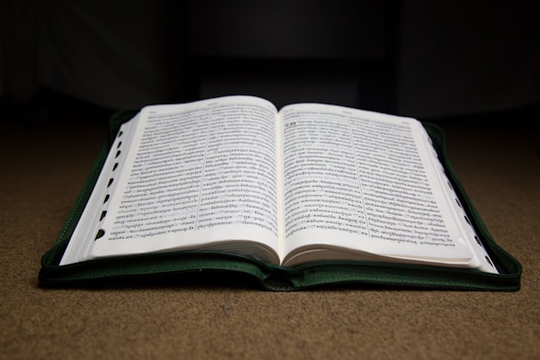 An open book rests on a brown surface, displaying two pages filled with text. The book has a dark green cover that is slightly visible around the edges. The pages are neatly aligned, indicating it's a well-kept book. The lighting creates a soft, focused highlight on the pages, drawing attention to the text.