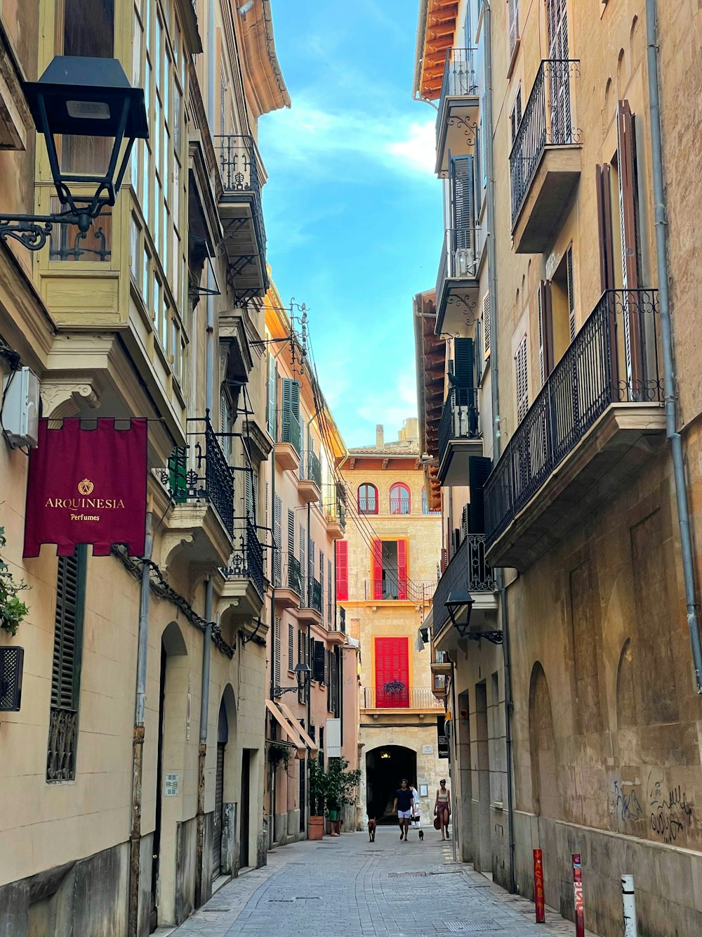 a narrow city street with buildings in the background