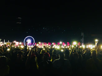 A panoramic shot of a nighttime event with fans cheering under cinematic lighting effects