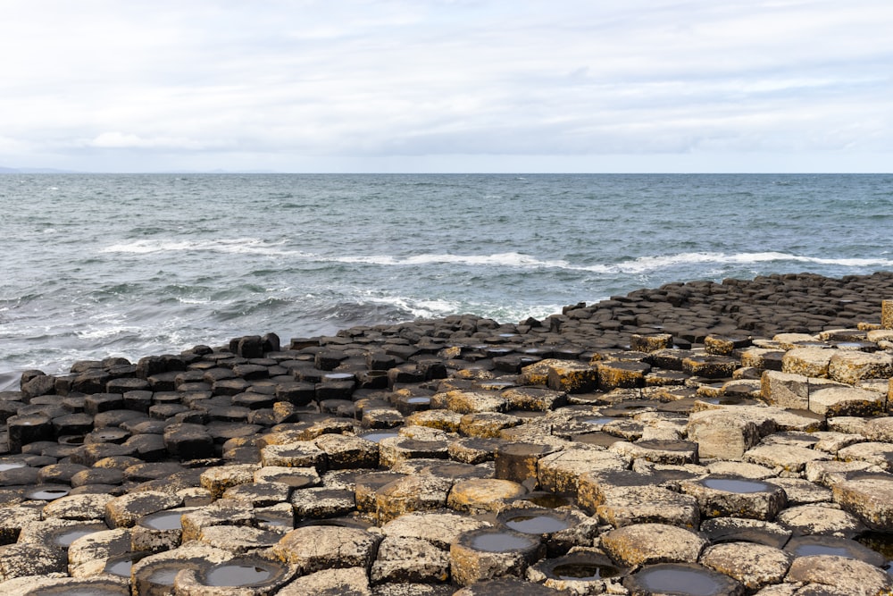 a rocky beach with water in the background