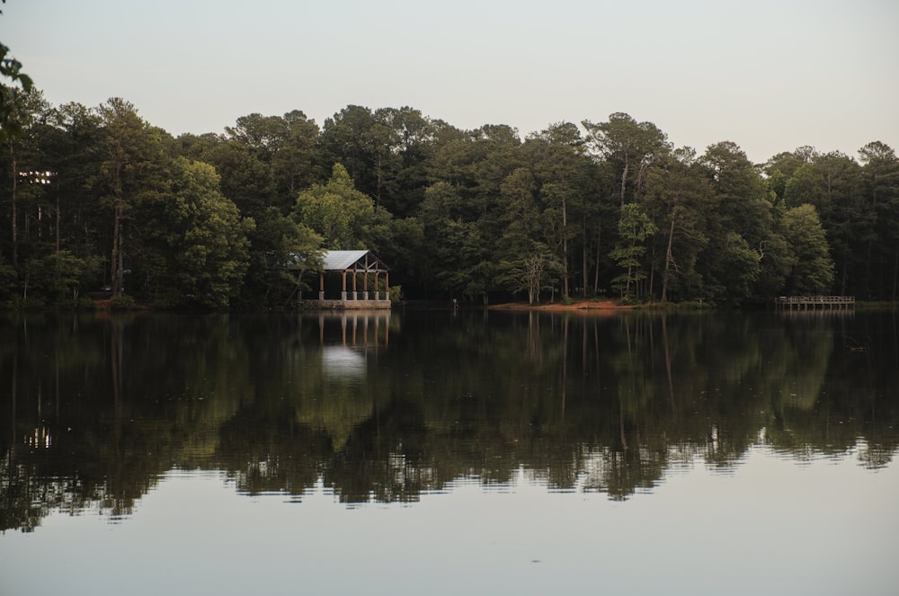 Una casa en un lago rodeada de árboles