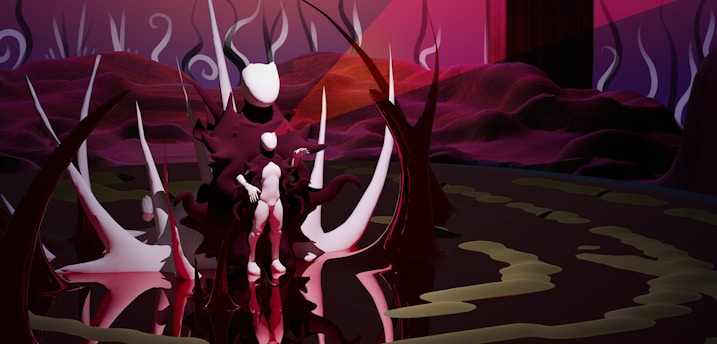 A surreal and abstract scene featuring a dark, alien-like landscape with red and pink hues. The terrain is filled with spiky, organic structures and swirling mist. In the center, a white humanoid figure stands amidst the alien flora, with exaggerated limbs and elongated forms adding to the otherworldly atmosphere.