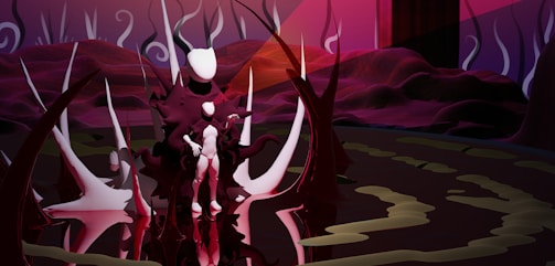 A surreal and abstract scene featuring a dark, alien-like landscape with red and pink hues. The terrain is filled with spiky, organic structures and swirling mist. In the center, a white humanoid figure stands amidst the alien flora, with exaggerated limbs and elongated forms adding to the otherworldly atmosphere.