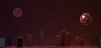 An artistic 3D rendering of a surreal landscape with floating geometric shapes.