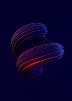 A twisting, abstract 3D shape with smooth, flowing curves and a glossy surface. The object features a combination of deep blue and red lighting effects, creating a dynamic and futuristic appearance against a dark background.