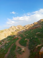 A serene mountain landscape with a winding trail under a bright blue sky.