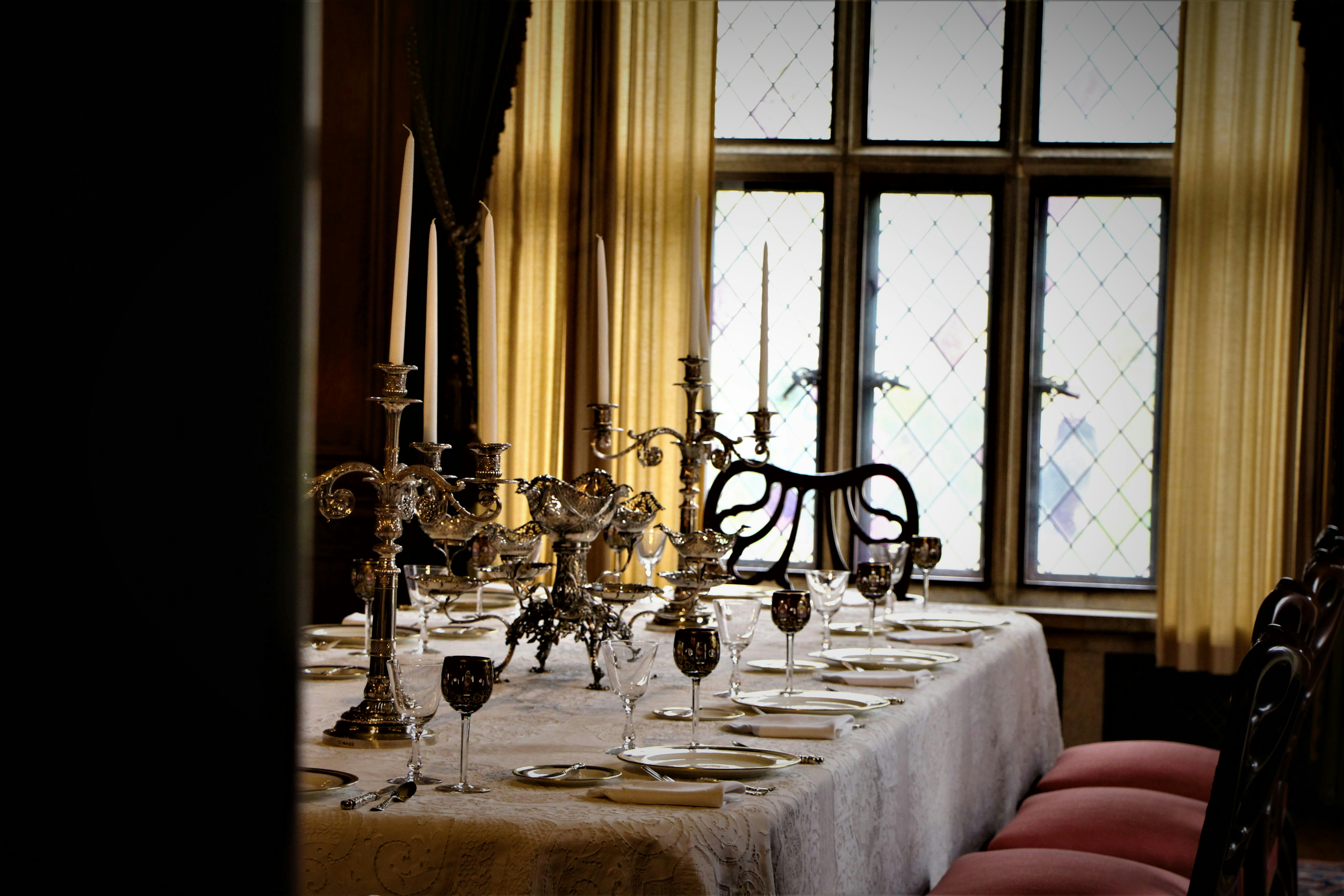 a table with a set of glasses on it