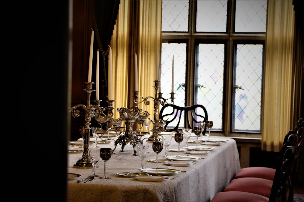 a table with a set of glasses on it