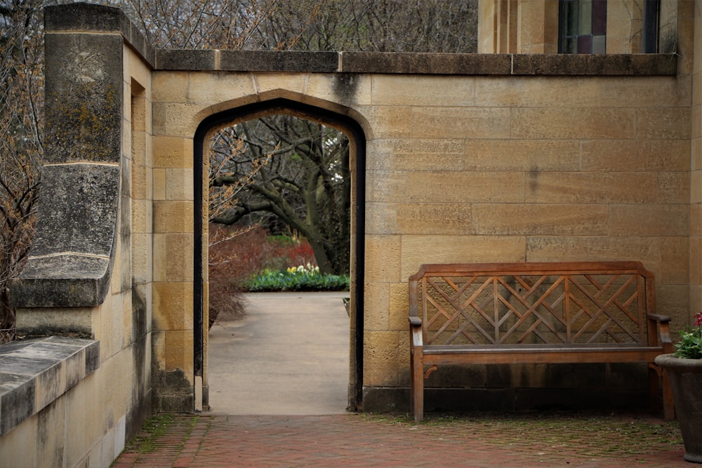 a bench in a stone building
