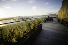 Hotel rooftop deck with plants overlooking the water