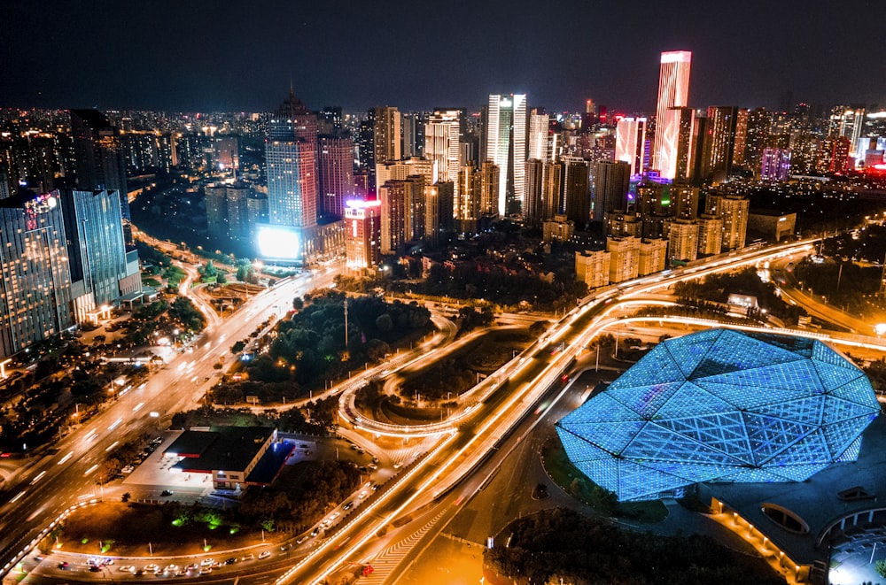 a city with a freeway and buildings