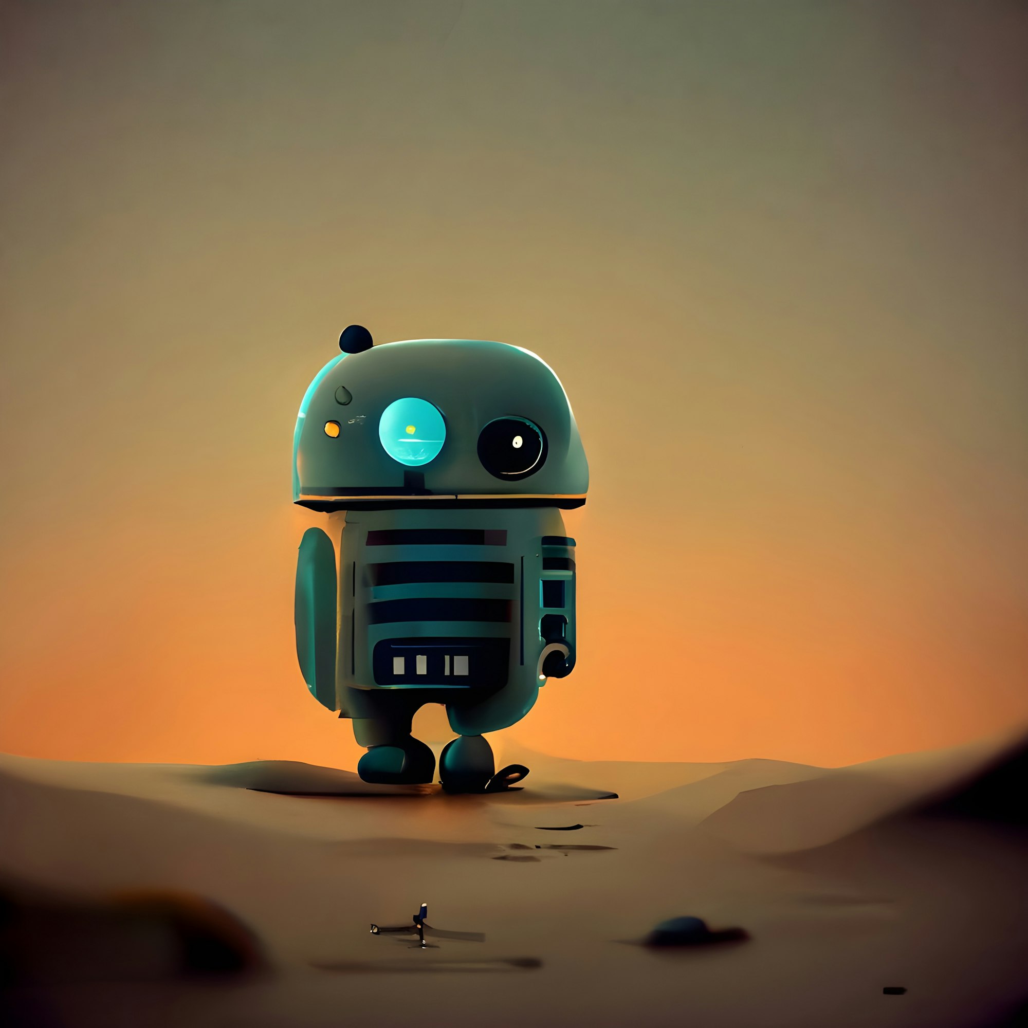 Little Robot on a sand planet at sunset 