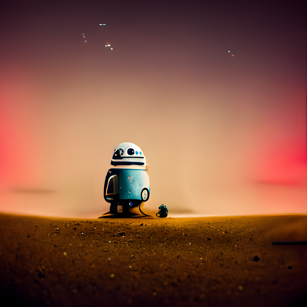 a small robot sitting on top of a sandy beach