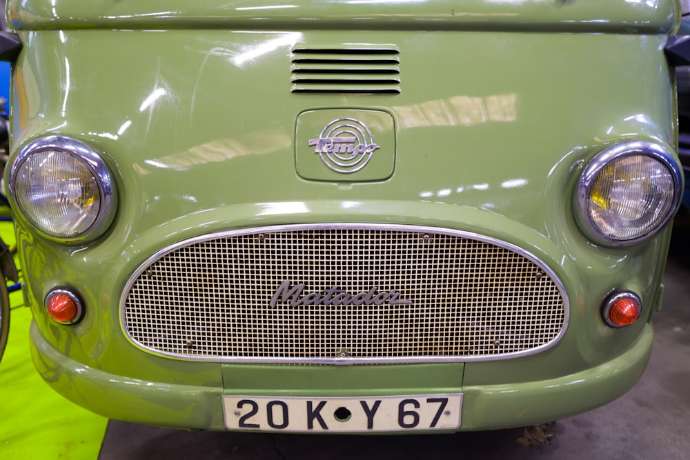 the front of a green car