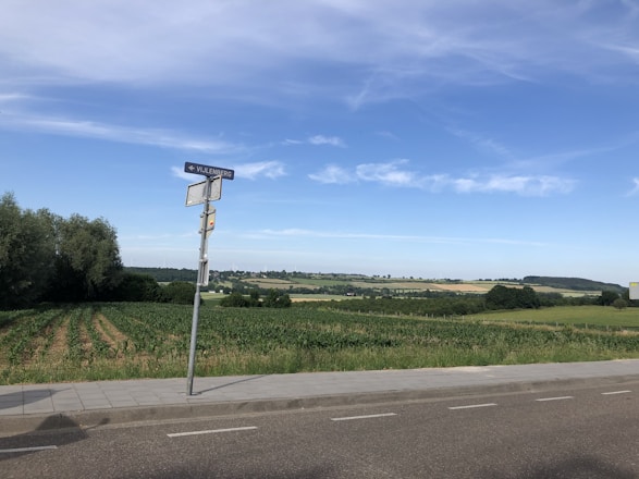 A rural landscape featuring a road with a sidewalk and a street sign indicating 'Vijlenberg'. The background includes a vast expanse of fields, trees, and a distant view of rolling hills under a partly cloudy blue sky.