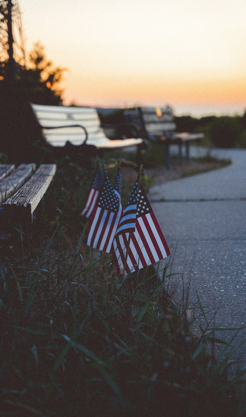a flag on a bench