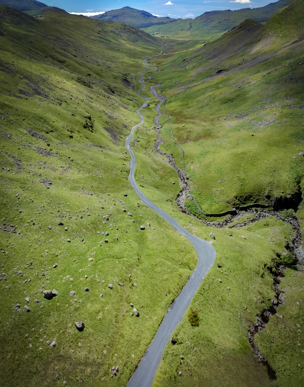 a winding road through a grassy area