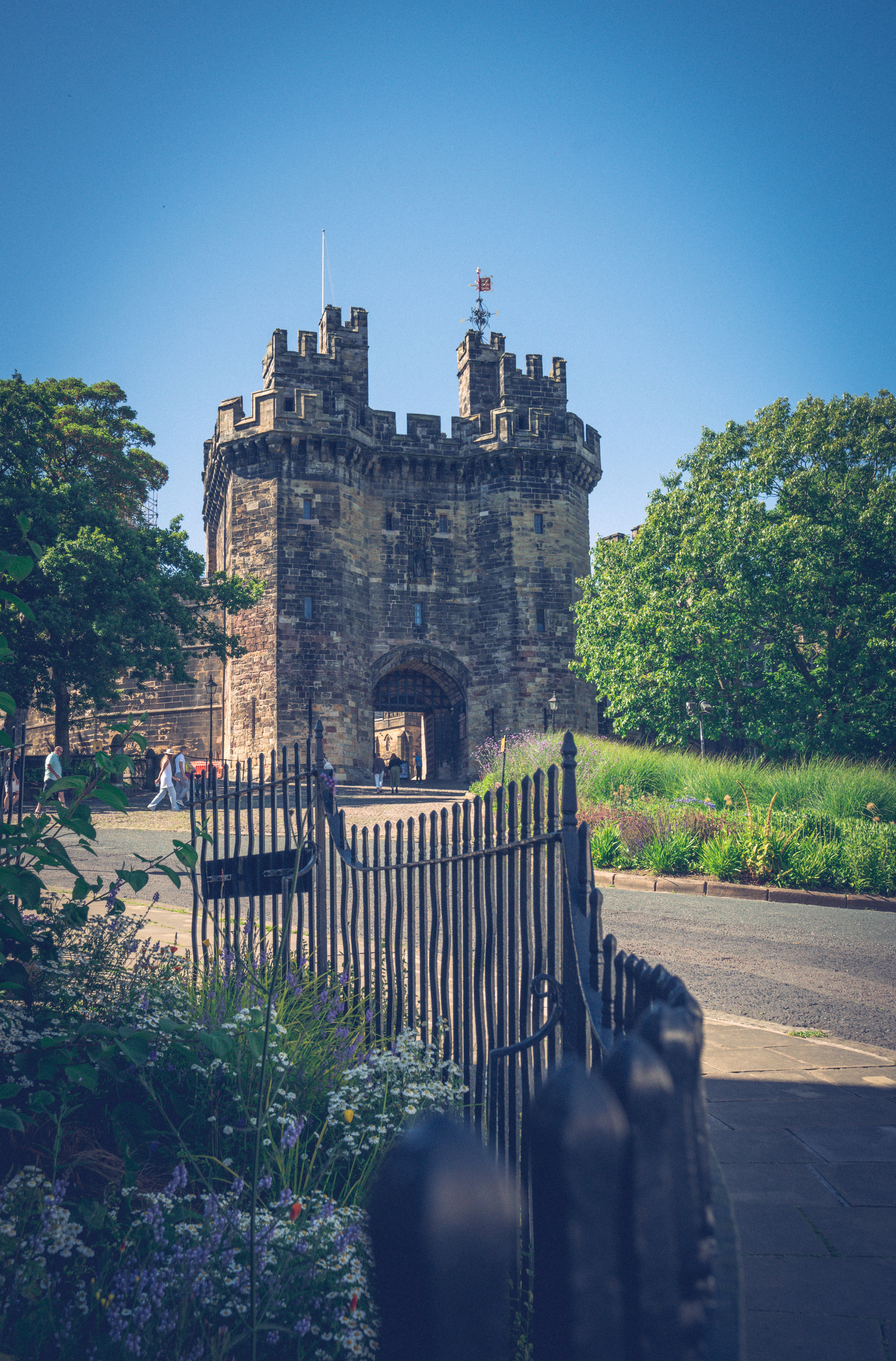um castelo com uma cerca e árvores