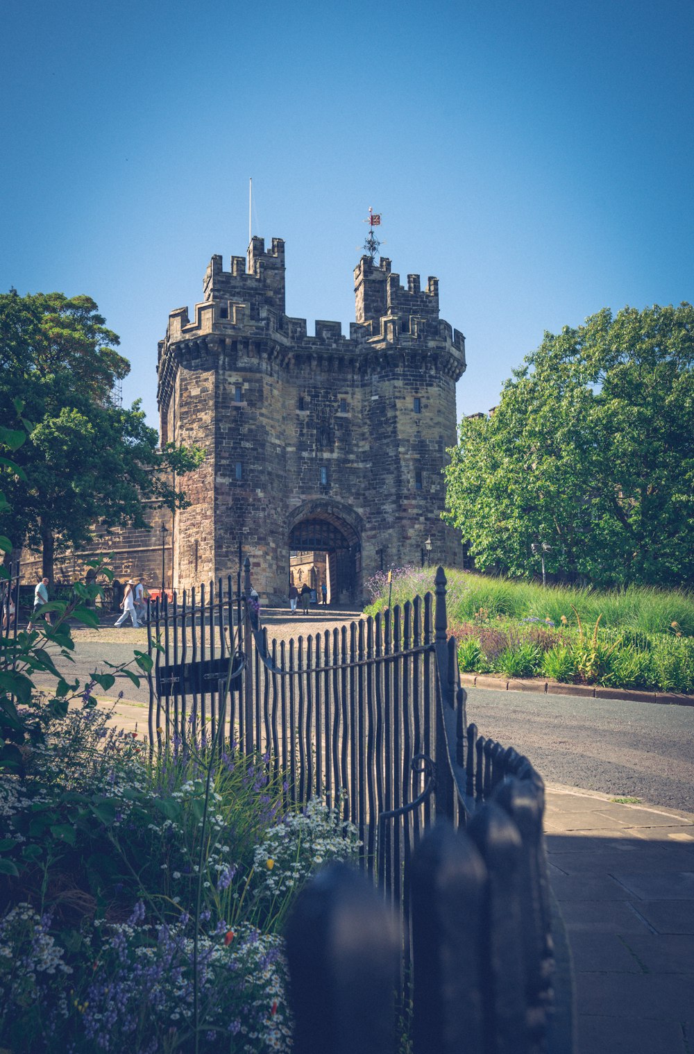 a castle with a fence and trees