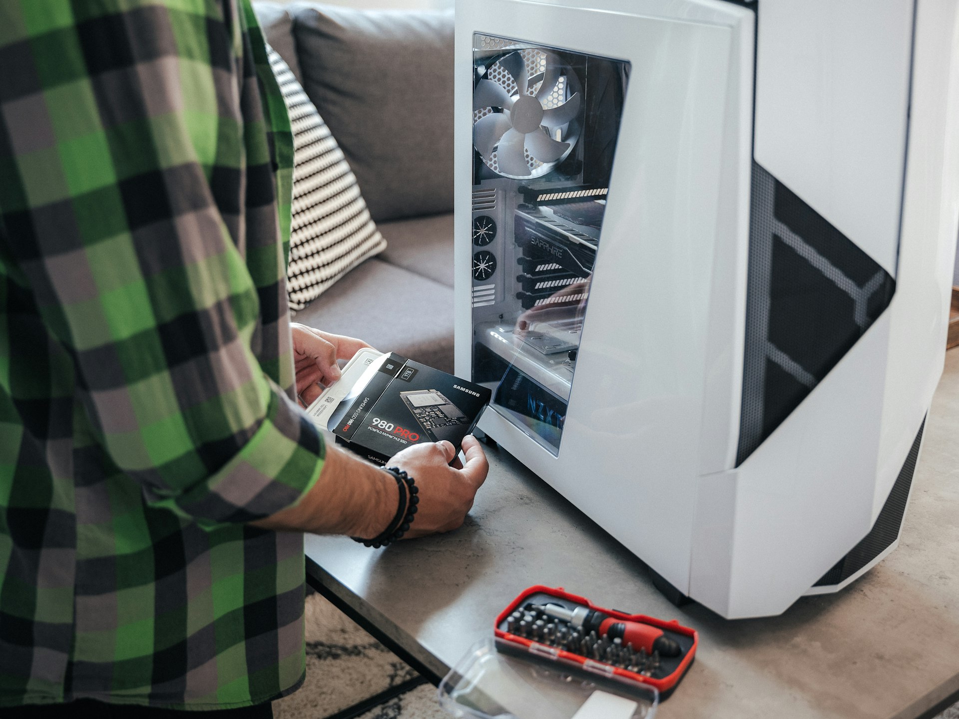 Family using computer at home