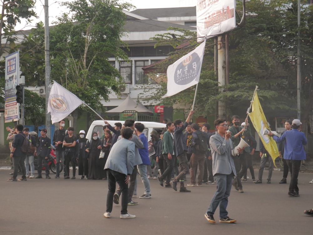 a group of people marching