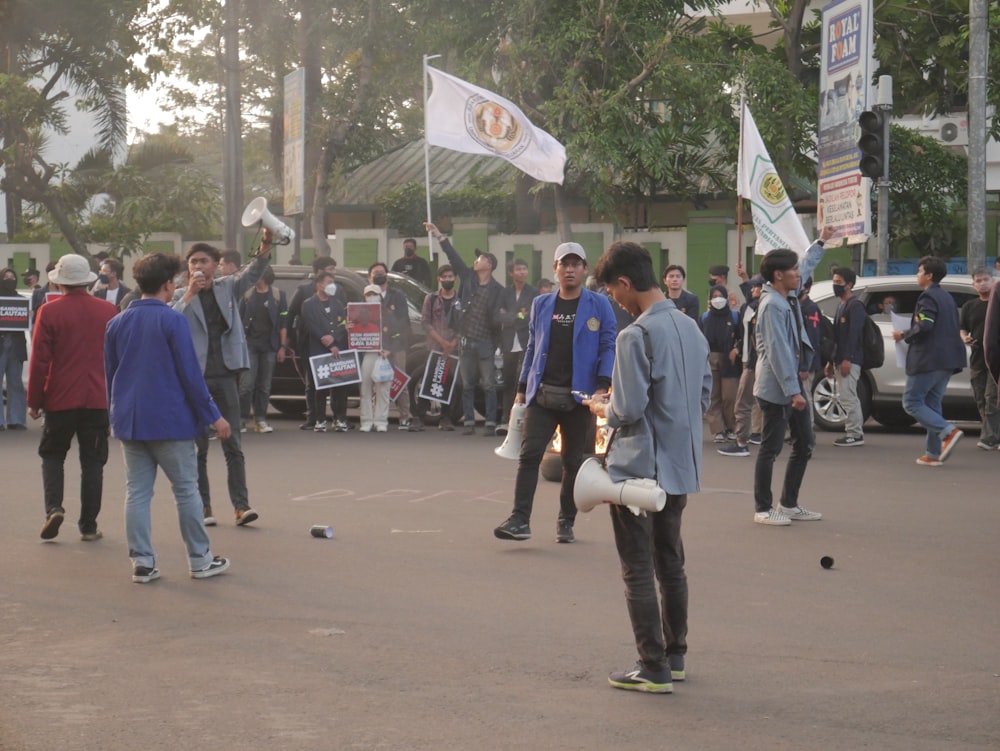 a group of people marching