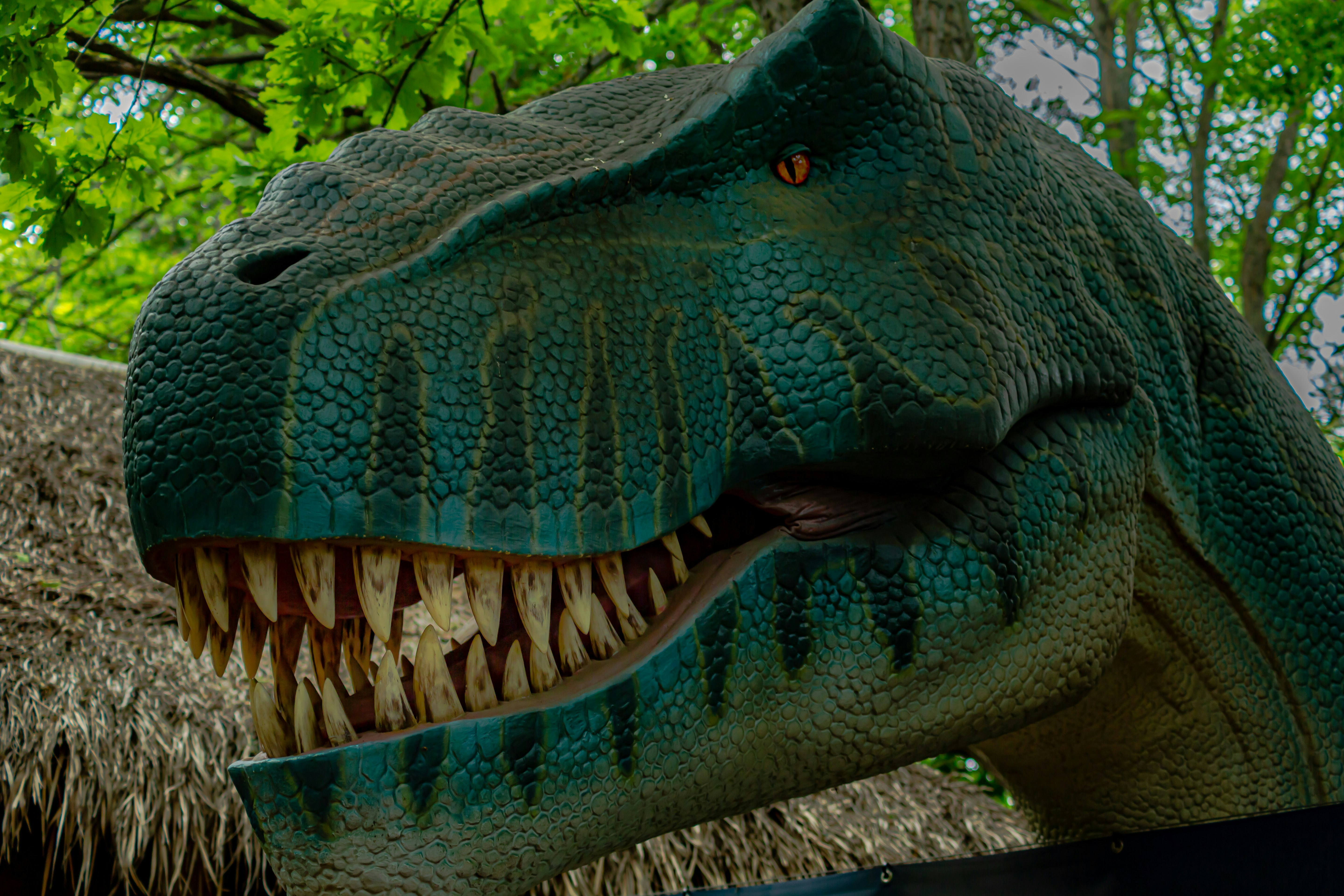 Eine Dinosaurierskulptur in einem Park