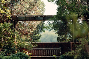 Sunlit wooden pergola framing a cozy garden seating area with lush greenery.