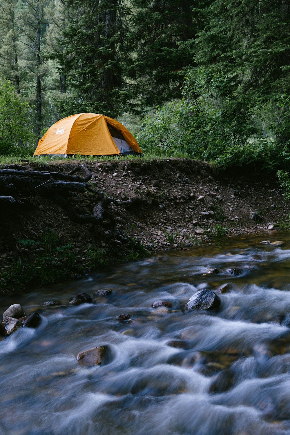 a tent in a stream