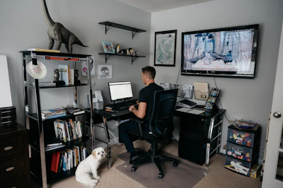 a person sitting at a computer in a room with a dog